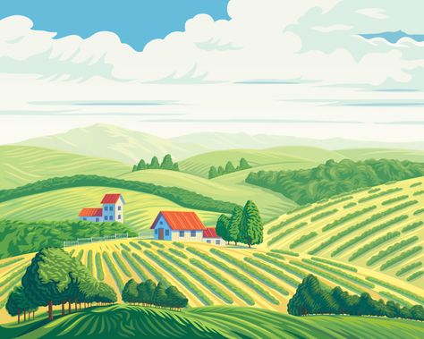 동화 삽화, Landscape Quilts, Country Paintings, Background Drawing, Summer Landscape, Rural Area, Art Et Illustration, Rural Landscape, Landscape Illustration