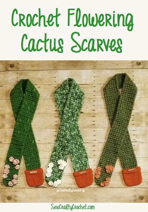 Crochet Cactus Scarf, Funky Crochet Scarf Pattern, Crochet Plant Sweater, Crochet Fun Scarf, Crochet Cactus Hat, Fun Crochet Scarf, Crochet Accessories Ideas, Cactus Beanie, Cute Crochet Hats