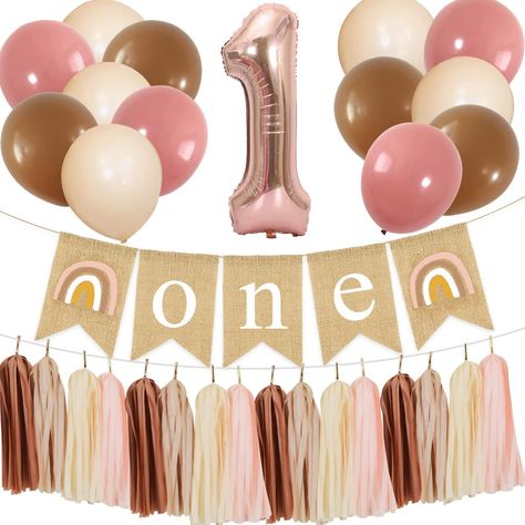 Boho Birthday Decor, Birthday Highchair Decorations, 1 Year Birthday Party Ideas, Brown Balloons, One Birthday Banner, Rainbow Party Supplies, Rainbow First Birthday, Birthday Highchair, Birthday Flags