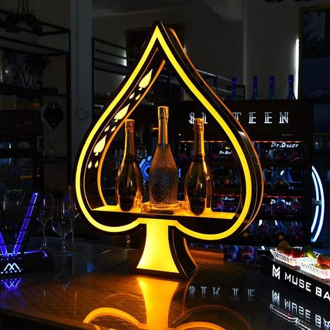 LED Bottle Presenter Glorifier Display, Ace Of Spades Bottle, Bottle Presenter, Night Club Wedding, Club Design Interior, Wine Bottle Holder Wall, Cocktail Bar Design, Party Lounge, Vintage Wine Bottle