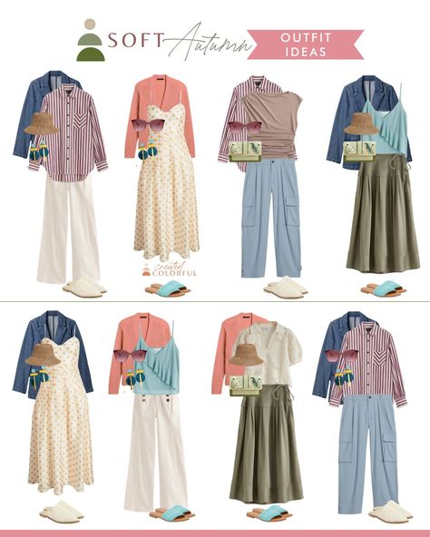 Soft Autumn Spring Capsule Wardrobe, Soft Autumn Outfits Capsule Wardrobe, Soft Autumn Makeup, Created Colorful, Autumn Color Palette Fashion, Wardrobe Colors, Muted Autumn, Soft Autumn Palette, Soft Autumn Color Palette