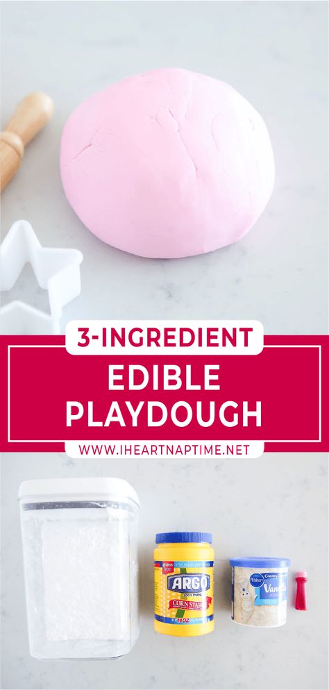 Get ready for hours of yummy fun with this edible playdough recipe! Frosting, powdered sugar, cornstarch, and food coloring are all you need to make a perfectly pliable ball of dough. A fun and safe craft activity for kids of all ages! Edible Sensory, Edible Play Dough Recipe, Edible Sensory Play, Edible Playdough, Thinking Putty, 2 Ingredient Recipes, Homemade Playdough Recipe, Edible Slime, Kid Friendly Crafts