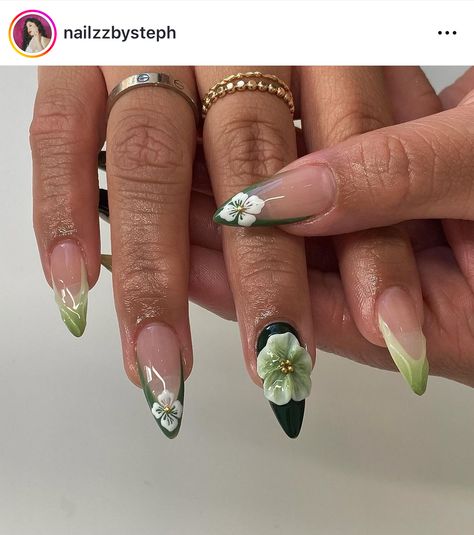 Light Green Floral Nails, Tropical Green Nails, Nail Inspo Green, Green French Tip Nails, Nessa Nails, Shorter Nails, Freestyle Nails, Acrylic Nails Almond Shape, Long Nail Designs