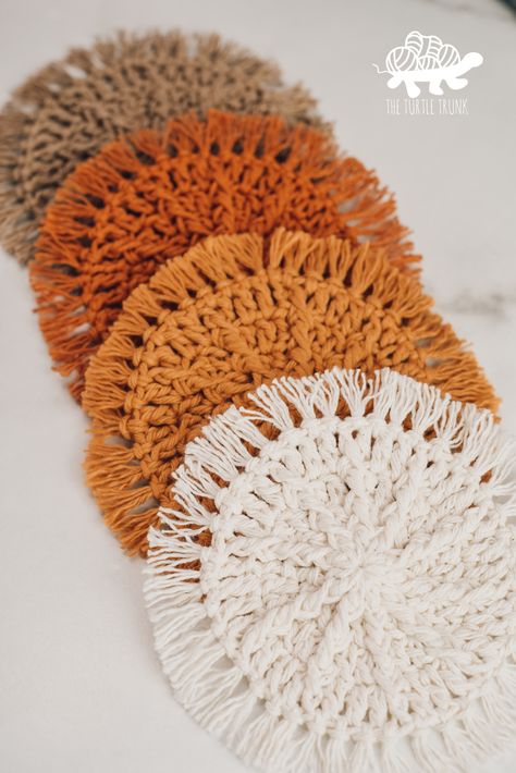 Easy Crochet Coaster Pattern • Hello Sunshine Coaster • The Turtle Trunk Crochet Fall Coasters, Crocheting Cardigan, Crochet A Circle, Easy Beginner Crochet Patterns, 3d Crochet, Crochet Coasters Free Pattern, Coaster Pattern, Crochet Car, Crochet Coaster Pattern