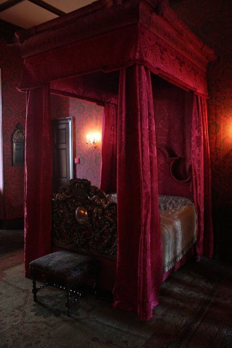 Goth:  #Goth ~ red velvet canopy for bed. Chirk Castle, Canopy Bed Curtains, Goth Bedroom, Gothic Bedroom, Christmas Wallpaper Backgrounds, Gothic Furniture, Christmas Interiors, Bedroom Red, Red Rooms