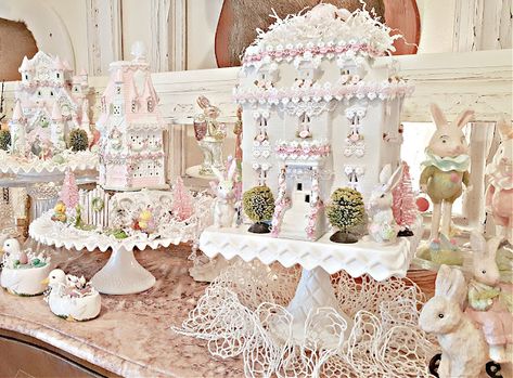 Penny's Vintage Home: Sweet & Shabby Pink Christmas Part 2.....the Dining Room Fireplace Mantel Easter Village, Junk Chic Cottage, Wonton Cups, Dining Room Fireplace, Spring Candles, Estilo Shabby Chic, Spring Decorating, Glitter Houses, Old Fashioned Recipes