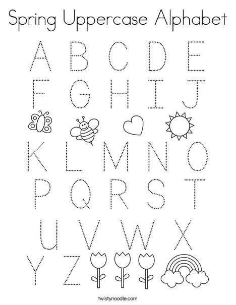 Spring Uppercase Alphabet Coloring Page - Tracing - Twisty Noodle Spring Alphabet Activities For Preschool, Spring Preschool Coloring Pages, Spring Alphabet Letters Free Printable, Spring Tracing Sheets Preschool, Alphabet Tracing Worksheets Preschool, Spring Worksheets Preschool, Spring Alphabet, Tracing Font, Preschool Readiness