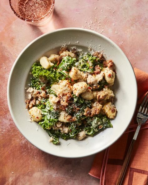 Creamy Gnocchi with Boursin, Sausage, and Kale | The Kitchn Potato Board, Gnocchi With Sausage, Creamy Gnocchi, Sausage And Kale, Slow Cooker Broccoli, Rigatoni Recipes, Sausage Dinner, Baked Rigatoni, Boursin Cheese