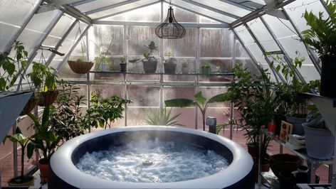 Reddit - CozyPlaces - This is my new favorite of our home Greenhouse With Bathtub, Green House Hot Tub, Hot Tub In Greenhouse, Greenhouse Hot Tub, Hot Tub Greenhouse, Greenhouse Bathroom, Greenhouse Addition, Tiny Pool, Beautiful Greenhouse