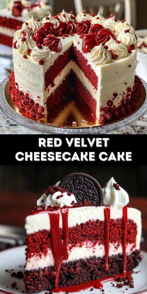 This Red Velvet Cheesecake Cake recipe is a must-try! Indulge in layers of rich red velvet cake and creamy cheesecake, topped with a luscious cream cheese frosting. Perfect for any special occasion or holiday dessert. #redvelvet #cheesecake #cake #dessertrecipe #creamcheesefrosting Birthday Cake Flavor Cake, Red Velvet Cake Ideas, Red Velvet Cheesecake Bars, Red Velvet Cheesecake Cake, Cheesecake Cake Recipes, Velvet Brownies, Bolo Red Velvet, Velvet Cheesecake, Velvet Cake Recipes