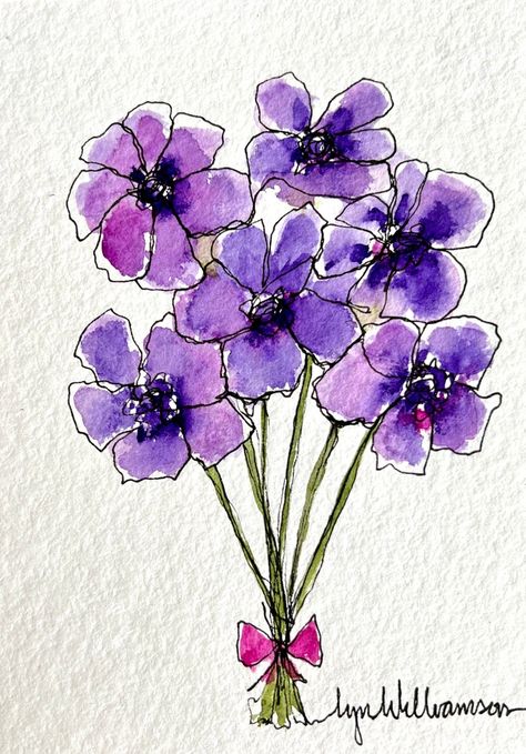 Painting Using Watercolor, Bouquet Of Purple Flowers, Daniel Smith Watercolor, Giving Flowers, Vase Of Flowers, Diy Watercolor Painting, Watercolor Greeting Cards, Cat Air, Watercolor Flower Art