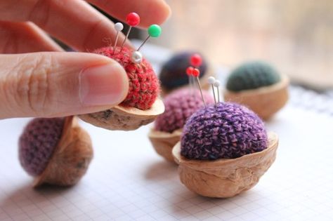 http://randomcreative.hubpages.com/hub/Uses-For-Walnut-Shells-Ground-Crushed-Crafts-for-Children Walnut Shell Crafts, Crochet Pincushion, Crocheted Items, Walnut Shell, Needle Book, Nature Crafts, Shell Crafts, Love Crochet, Crochet Yarn