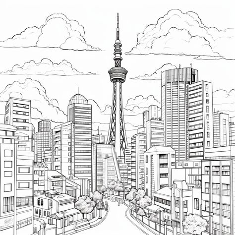 simple black and white art of a cartoonish city (Tokio, Japan - Tokio Tower) for a toddler’s coloring book Tokyo Buildings Drawing, Buildings Drawing Simple, Tokyo City Drawing, Japan City Drawing, City Drawing Easy, Tokyo Sketch, Simple Black And White Art, Tokyo Drawing, Watercolours Art