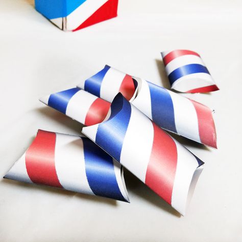 If you're throwing a barber shop themed or haircut party, or even a mustache bash, you may want to check out these free printable barber shop treat boxes - you can just print these favor boxes and they are easy to assemble and fill with inexpensive candy or favors. The fun red white and blue pillow boxes are also patriotic and great for Independence Day Barbershop Decor, Barber Ideas, Cool Cuts, Barbershop Ideas, Patch Ideas, Easy Pillows, Mustache Party, Barber Shop Decor, Finger Lights