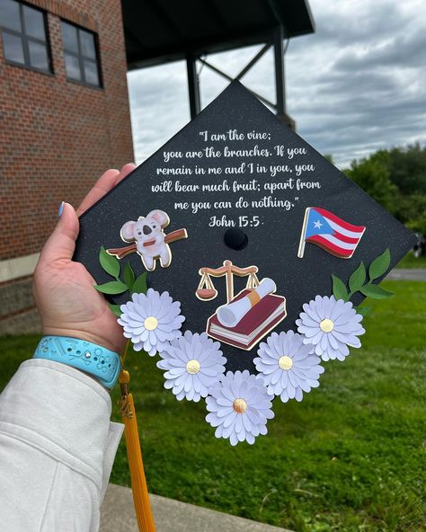 Custom #graduationcap 🎓🤩 Created this beauty for my sister’s in law #graduation with all of her favorite things and what represents her💓 Have some spots available for custom graduation caps for this upcoming month, feel free to reach out with your requests📲🤩 #umassamherst #lawstudent #graduation #2024grad #customgradcaps Pre Law Graduation Cap Designs, Pre Law Graduation Cap, Paralegal Graduation Cap, Legal Studies Graduation Cap, Going To Law School Grad Caps, Law Graduation Cap, Msw Graduation Cap, Law Graduation, John 15 5