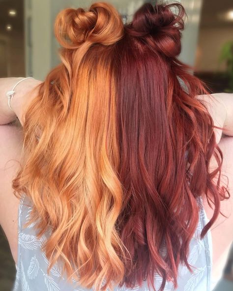 Unique Copper Hair, Igora Royal Copper, Pumpkin Spice Hair, Flame Hair, Underlights Hair, Split Dyed Hair, Space Buns, Different Hair Colors, Winter Hair Color