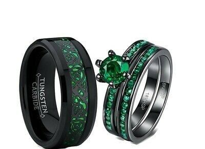 Black Gold Wedding Rings, Emerald Wedding Rings Set, Green Wedding Rings, Titanium Engagement Rings, Mens Emerald Rings, Womens Wedding Ring Sets, Wedding Rings Sets His And Hers, Matching Ring Set, His And Hers Rings