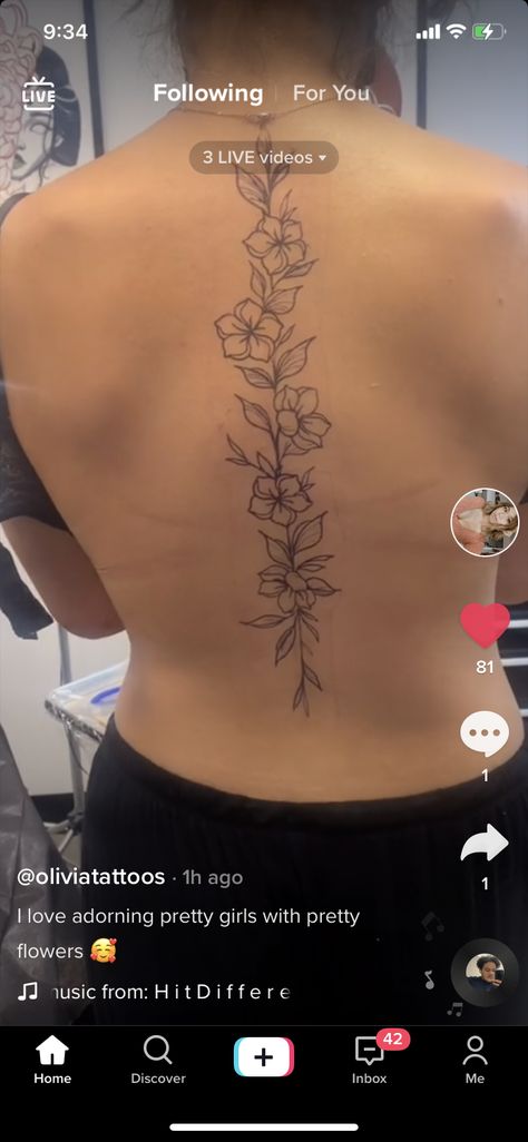 Hibiscus Spine Tattoos For Women, Sakura Spine Tattoo, Spine Tats For Women Flower, Tattoo Ideas Hibiscus, Flower Spine Tattoo Stencil, Lily Spine Tattoos For Women, Hibiscus Flower Spine Tattoo, Line Work Spine Tattoo, Hibiscus Spine Tattoo