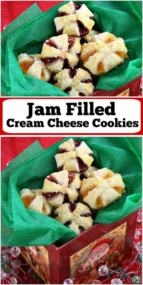 Jam Filled Cream Cheese Cookies recipe from RecipesForHolidays.com #jam #filled #jamfilled #cream #cheese #creamcheese #cookies #recipe #RecipesForHolidays Cookie For Cookie Exchange, Chanukah Cookies, Choc Desserts, Cheese Cookies Recipe, Cream Cheese Cookie Recipe, Cup Dessert, Onesie Cookies, Cookbook Collection, Giraffe Cakes