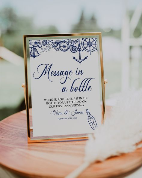 BUY 3 PRODUCTS TO GET 30% OFF WITH CODE '30OFF' Our nautical Message in a Bottle Sign is an instant downloadable, editable template. Perfect for a beach wedding with sea elements. Use this template to edit all fonts, and color. You can use this template as well for a birthday party, baby shower, bridal shower, graduation party, or any other occasion with a beach theme. Just edit, download, and print. It's super easy and fast. ✅ INSTANT ACCESS ✅ EDIT MOST WORDING/FONTS/COLORS ✅ PRINT AT HOME OR PROFESSIONALLY ✅ PRINTING SERVICE 👉 https://bit.ly/3MzD1Zf ✅ RELATED ITEMS 👉 https://etsy.me/2OFlVQz ✅ DEMO 👉 https://www.corjl.com/d/294030 WHAT IS INCLUDED? - Sign template - 5x7'' + 8x10'' * Instructions This is a digital product - nothing physical will be shipped to you. It is necessary that y Nautical Baby Shower Decorations, Sea Elements, Nautical Wedding Favors, Beach Wedding Signs, Nautical Bridal Showers, Wedding Favor Table, Wedding Hashtag Sign, Wedding Favours Sign, Wedding Memorial Sign