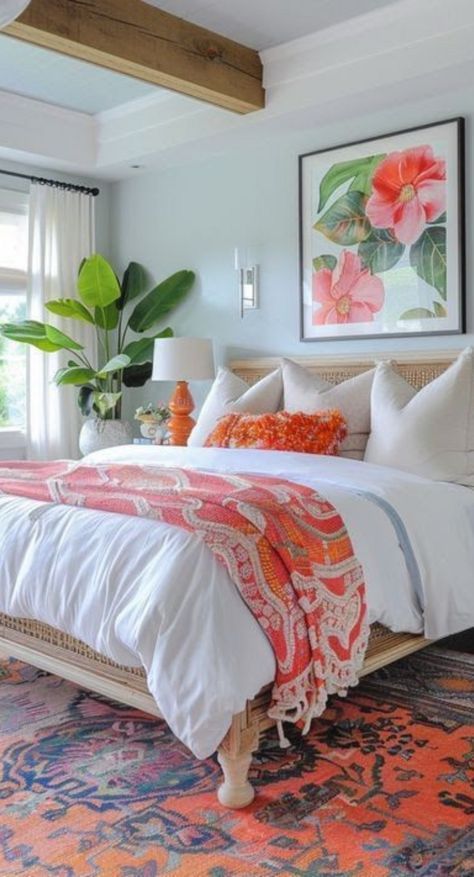 Fresh Airy Home Decor, Cozy Bedroom Office Ideas, Colorful Guest Bedroom Ideas, Colorful Beach Bedroom, Summer Bedding Idea, Coastal Bedding Ideas, Bedroom Ideas Bright, Tropical Boho Bedroom, Cozy Colorful Bedroom