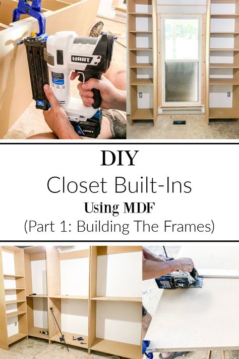 How To Make Closet Shelves, How To Build Built In Closet, Closet Units Built Ins, Bedroom Closet Built Ins Diy, Build A Closet Wall, Closet Diy Build Walk In, Mdf Closet Diy Built Ins, Blank Closet Wall Ideas, Build Your Own Walk In Closet