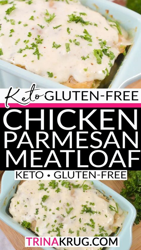 Garlic Keto Chicken Meatloaf recipe is not only fun to make, but even your die hard carb loving friends will love it! Chances are, they won’t have any clue that it is keto. When you think “traditional meal” I’m going to bet that meatloaf comes to your mind. It does for many of us. Many families have a meatloaf recipe that is passed down through the generations with a little tweaking here and there. Meatloaf is great because it tastes great.. | @trinakrug Adkins Recipes, Chicken Parmesan Meatloaf, Chicken Meatloaf Recipe, Chicken Loaf, Parmesan Meatloaf, Keto Chicken Parmesan, Chicken Meatloaf, Gluten Free Dinner Easy, Best Keto Meals