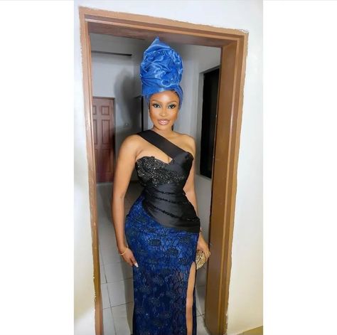 Navy Blue Asoebi Lace Styles In Nigeria, Wedding Outfits For Women, Ankara Dress Designs, Nigerian Lace Styles Dress, African Wedding Attire, African Print Dress Ankara, Lace Dress Styles, African Inspired Clothing, African Print Dress Designs