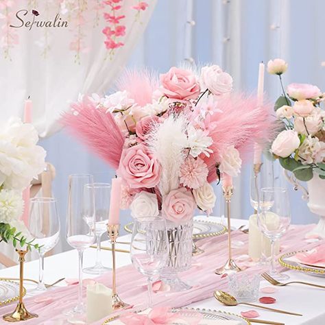 Pampas Grass Home Decor, Tabletop Floral Arrangements, Pink Pampas Grass, Faux Pampas, Pampas Grass Bouquet, Short Vase, Pampas Grass Decor, Grass Decor, Hari Valentine