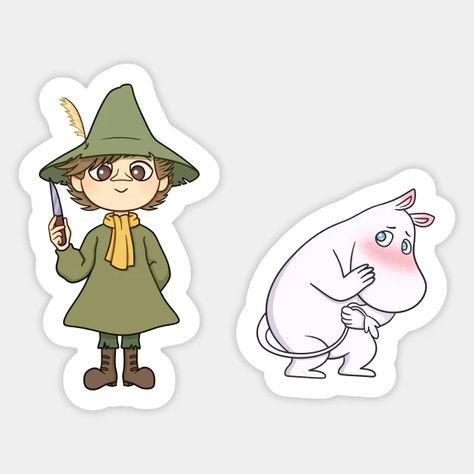 Blushy Moomin and Snufkin with knife - Moominvalley - Sticker | TeePublic Moomin And Snufkin, Knife Sticker, Animation Design, Party Design, Hard Hats, Funny Stickers, Custom Stickers, Favorite Tv Shows, Sticker Design