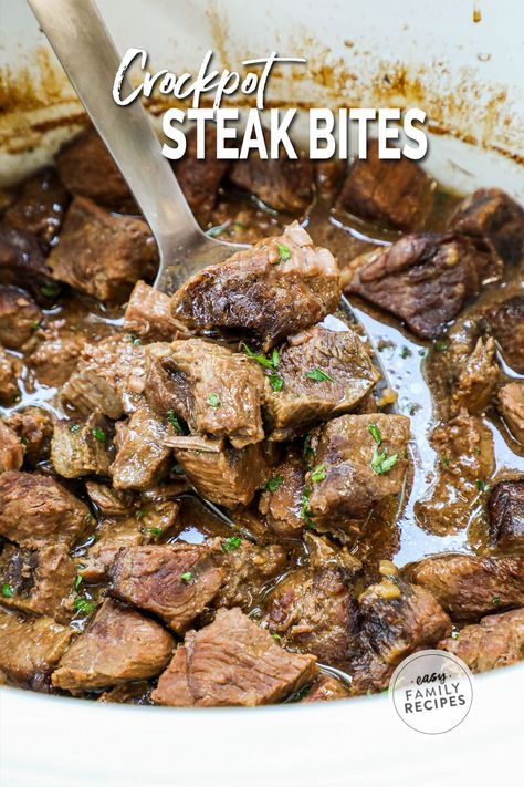 Whip this up for dinner tonight and see why it’s one of my family’s FAVORITE steak recipes! You’ve never had steak bites so tender and flavorful—and the crockpot does all the work! Just add the ingredients to your slow cooker, turn it on, and in a few hours you’ll have juicy steak bites and delicious au jus for spooning over mashed potatoes or sopping up with a crusty piece of bread. You’re going to love this easy, kid-friendly slow cooker meal! Crockpot Steak Bites, Juicy Steak Bites, Asian Steak Bites, Slow Cooker Meal, Crockpot Steak, Steak Bites Recipe, Over Mashed Potatoes, Easy Family Recipes, Easy Dinner Recipes Crockpot