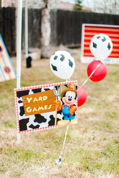 Mickey Mouse Farm Birthday Party Ideas, Mickey Mouse Farm Birthday Party, Cowboy Mickey Mouse Party, Mickey Mouse Birthday Party Ideas, Mickey 1st Birthdays, Mickey Mouse Bday, Birthday Mickey Mouse, Mickey Mouse Photos, Barnyard Birthday Party