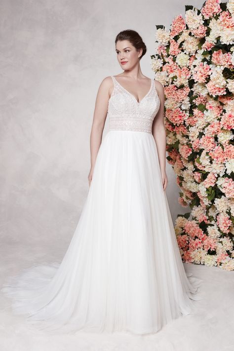 Sincerity Bridal - Style 44120: English Net A-Line Dress with Beaded Bodice Sincerity Bridal Wedding Dresses, Sincerity Wedding Dress, Sincerity Bridal, Plus Size Wedding Gowns, Curvy Bride, Heart To Heart, Justin Alexander, Beaded Bodice, Glam Wedding