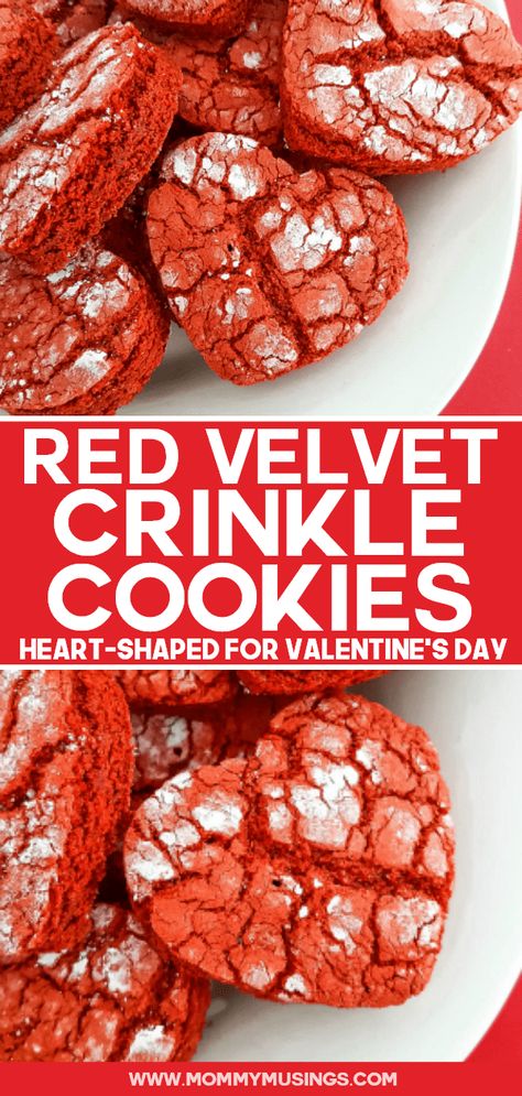 Heart-Shaped Red Velvet Crinkle Cookies for Valentine's Day #valentinesdayideas #valentinesday #crinklecookies #redvelvet #heartshaped #cookierecipes #dessertrecipes Holiday Desserts Cookies, Red Velvet Crinkles, Red Velvet Crinkle Cookies, Chocolate Crinkle, Valentines Day Desserts, Crinkle Cookies, Valentines Day Cookies, Baking Gifts, Valentines Food