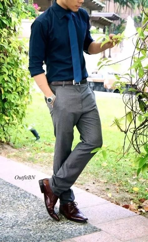 Grey slacks with dark blue button up and no tie Grey Pants Brown Shoes, Grey Dress Pants Outfit, Men Wedding Attire Guest, Male Wedding Guest Outfit, Mens Casual Wedding, Mens Casual Wedding Attire, Slacks Outfit, Grey Pants Outfit, Cocktail Attire Men