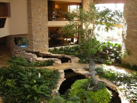 Indoor Koi Pond and Island                                                                                                                                                                                 More Indoor Koi Pond, Indoor Pond, Indoor Water Features, Bar Concept, Indoor Water Garden, Pond Waterfall, Koi Ponds, Aquarium Terrarium, Pond Design