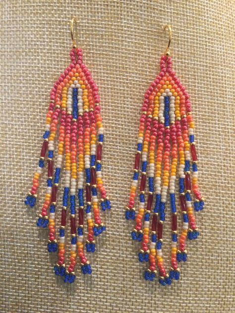 Sundance Style, Hanging Beads, Red Orange Yellow, Yellow Cream, Native American Fashion, Seed Bead Earrings, Tube Beads, Hand Loom, Bead Earrings