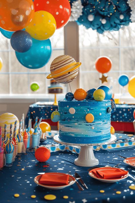 space themed birthday party for boys Planet Birthday Theme, Space Themed 3rd Birthday Party Boys, Space Birthday Party Theme, Planet Birthday Party Ideas, Space Bday Party Ideas, Birthday 5 Boy, 5 Year Boy Birthday Party Ideas, Out Of Space Birthday Party, 5 Birthday Party Ideas Boys