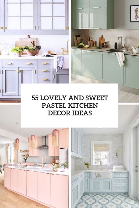 lovely and sweet pastel kitchen decor ideas cover Pastel Green Kitchen Decor, Pastel Orange Kitchen, Pastel Yellow Home Decor, Pastel Kitchen Cabinets, Pastel Yellow Kitchen, Pastel Green Kitchen, White Stone Backsplash, Butcherblock Countertops, Small Kitchen Set