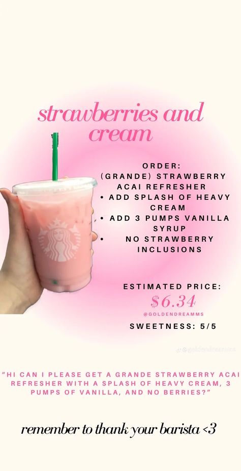 Starbies Order, Strawberry Acai Refresher Recipe, Recipe With Heavy Cream, Starbucks Copycat Recipes Drinks, Preppy Tips, Starbies Drinks, Starbucks Drink Menu, Strawberry Acai Refresher, Starbucks Secret Menu Recipes