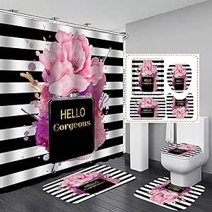 Women Bathroom Decor, Pink Bathroom Paint, Black Bathroom Paint, Fashion Bathroom Decor, Modern Fashion Women, Pink Wallpaper Bathroom, Black Bathroom Rug, Black Bathroom Floor, Pink Tile Bathroom