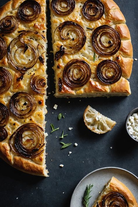 A photo of a  Caramelized Onion and Goat Cheese Sourdough Focaccia which is a type of sourdough focaccia Goat Cheese Focaccia, Foccacia Sour Dough, Focaccia Bread Flavors, Foccacia Rolls, Fancy Foccacia, Thanksgiving Focaccia, Focaccia Recipes, Cheese Sourdough, Sourdough Focaccia Recipe