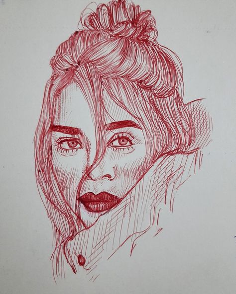 Ball pen art, Red ink, portrait, girl, hair tied up, big lips, sketch, rough sketch, inspired, reference Ball Pen Sketch Simple, Ball Pen Sketch, Sketch Woman, Paper Portrait, Ink Pen Art, Sketch Pen, Chinese Art Painting, Sketches Pencil, Pen On Paper