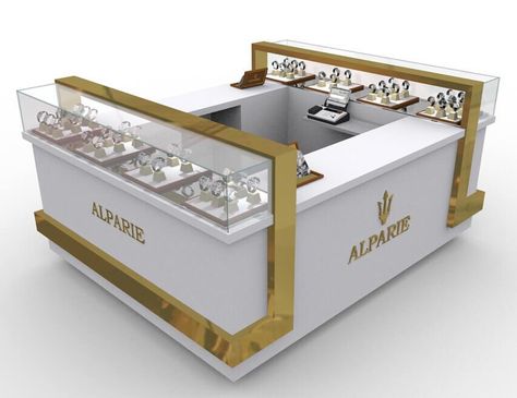 Mini Watch Mall Kiosk of ALPARIE — M2 Retail Mall Kiosk Design, Cell Phone Kiosk, Gold And White Design, Jewelry Display Booth, Mobile Shop Design, Jewelry Store Interior, Mall Kiosk, Jewelry Booth, Jewelry Store Design