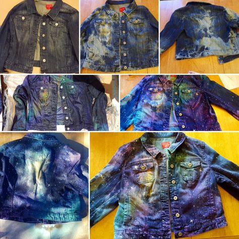 Denim galaxy diy. Tie dye bleach a denim jacket and add some colored dye. Splatter or draw some white fabric paint where desired and tada! Diy Dye Clothes, Tie Dye Bleach, Diy Tie Dye, Diy Tie Dye Techniques, Diy Tie Dye Shirts, Diy Dye, Diy Denim Jacket, Diy Galaxy, Diy Tie