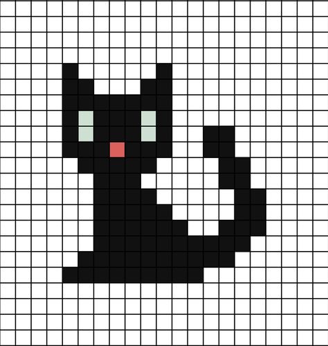 A pixel art template of a black cat (light grey green eyes and a light coloured nose). Black Cat Pixel Art, Grid Crochet, Architecture Drawing Sketchbooks, Creepy Cat, Easy Perler Beads Ideas, Cat Light, Pixel Art Templates, Pixel Drawing, Diy Perler Bead Crafts