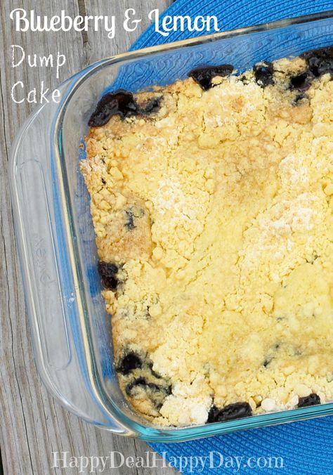 Blueberry & Lemon Dump Cake Recipe - EASIEST Summer Picnic Dessert Recipe!   happydealhappyday.com Picnic Dessert Recipes, Lemon Blueberry Dump Cake, Summer Picnic Desserts, Lemon Dump Cake, Lemon Dump Cake Recipe, Picnic Dessert, Blueberry Dump Cake, Best Easy Dessert Recipes, Cake Blueberry