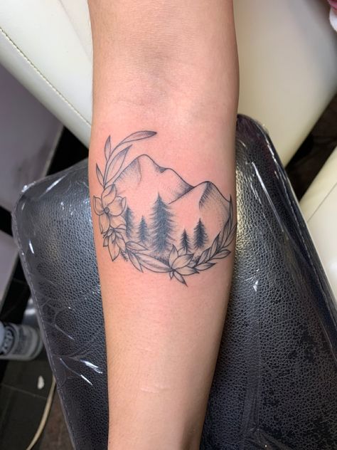 Ocean Trees Mountains Tattoo, Arm Tattoos For Women Mountains, Mountain Knee Tattoo, Mountain And Flower Tattoo, Banff Tattoo, Mountain Tattoos For Women, Troy Tattoo, Alaska Tattoo, Montana Tattoo