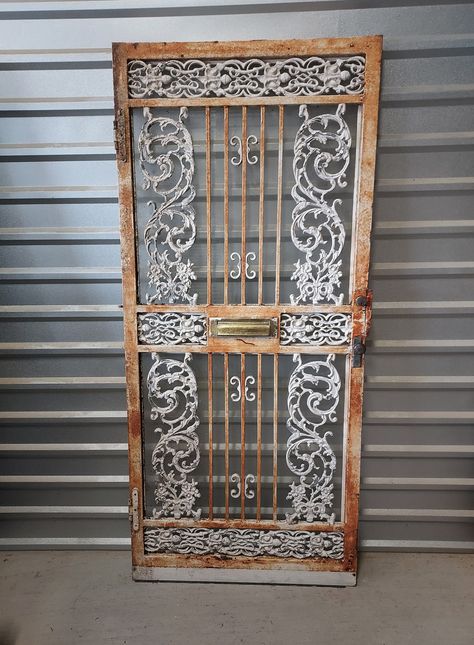 Wrought Iron Security Doors, Iron Security Doors, Mail Slot, Security Gates, Gate Ideas, Front Entry Doors, Antique Doors, Old Door, Old Doors