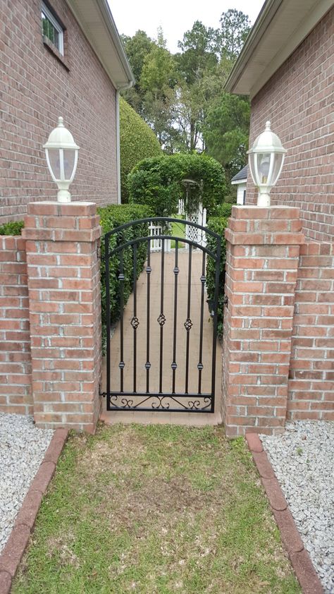 Large Metal Entrance Gate Antique Style Custom 36w X | Etsy Entry Gates Rustic, Rustic Gates Entrance Steel, Iron And Brick Fence, Yard Fencing, Wrought Iron Gate Designs, Wrought Iron Garden Gates, Metal Garden Gates, Iron Garden Gates, Brick Columns